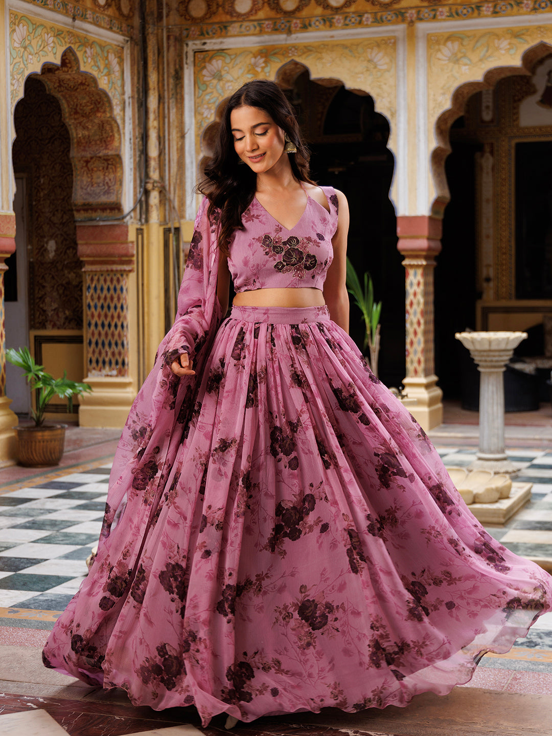 Mellow Mauve Floral Printed Chiffon Lehenga Set - By Ragavi - qivii