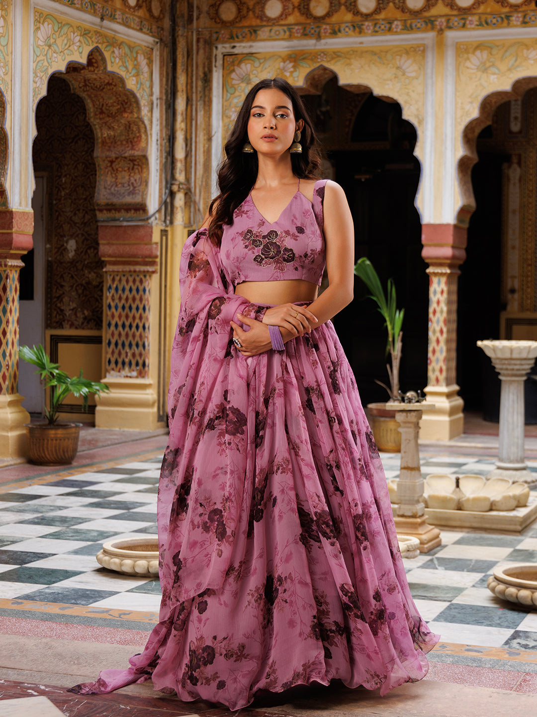Mellow Mauve Floral Printed Chiffon Lehenga Set - By Ragavi - qivii