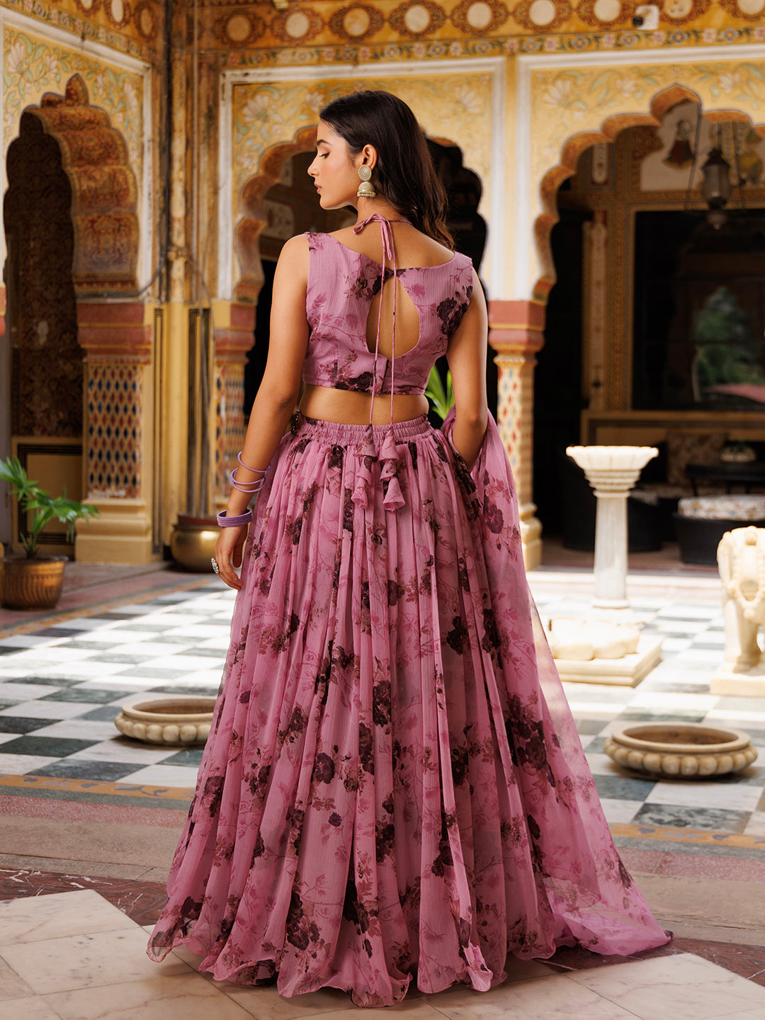 Mellow Mauve Floral Printed Chiffon Lehenga Set - By Ragavi - qivii