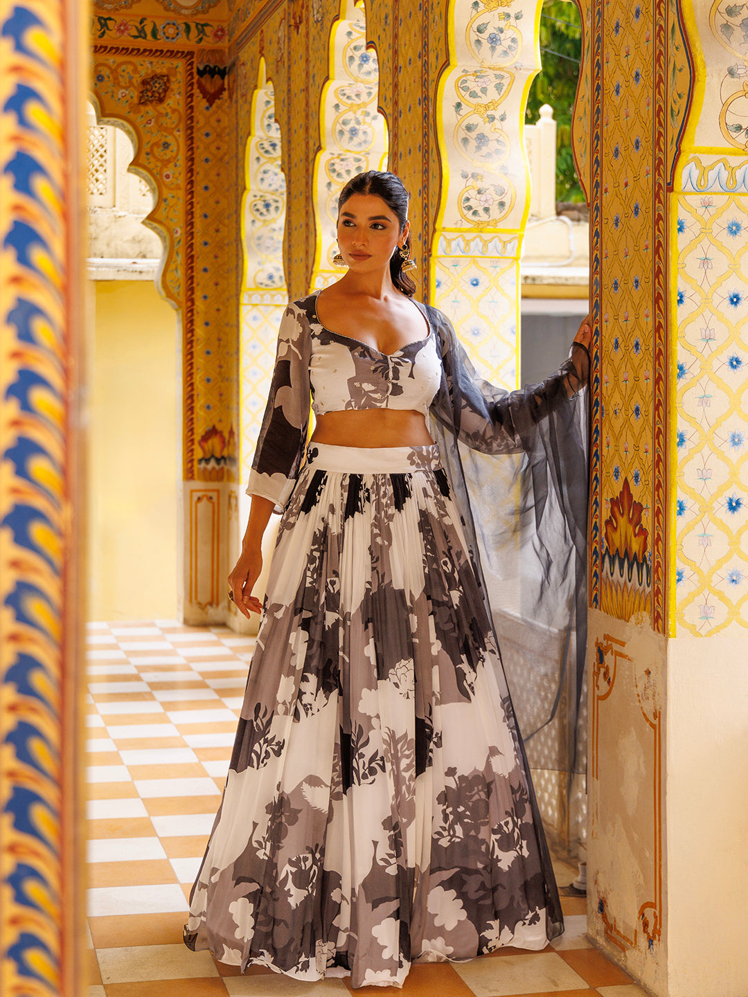 Black and White Floral Printed Lehenga Set - By Ragavi - qivii