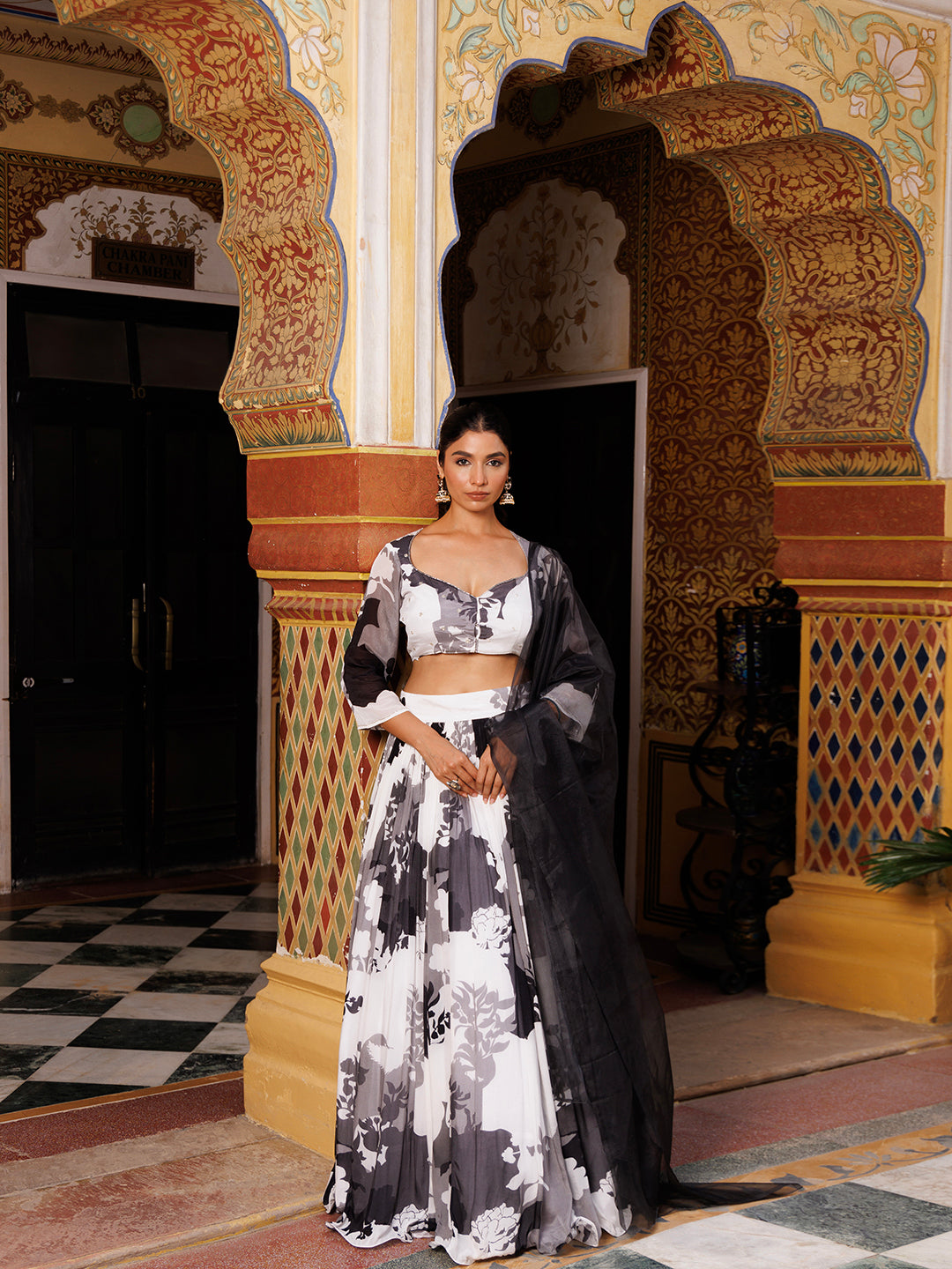 Black and White Floral Printed Lehenga Set - By Ragavi - qivii