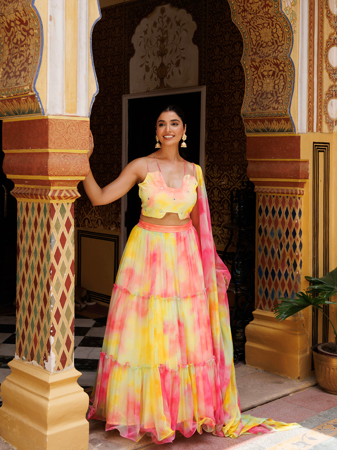 Lemondrop Yellow Pink Chiffon Lehenga Set - By Ragavi - qivii