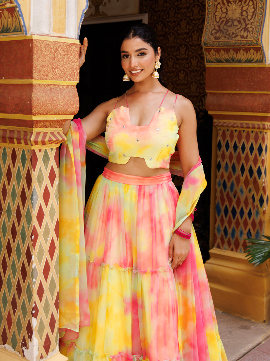 Lemondrop Yellow Pink Chiffon Lehenga Set - By Ragavi - qivii