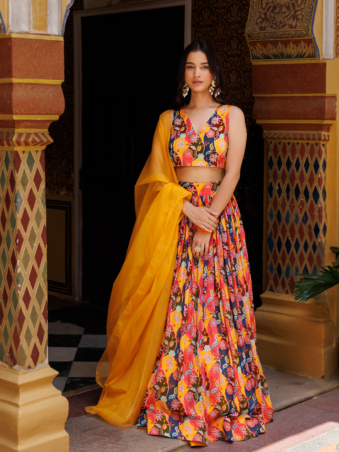 Mustard Floral Printed Chinon Lehenga - By Ragavi - qivii