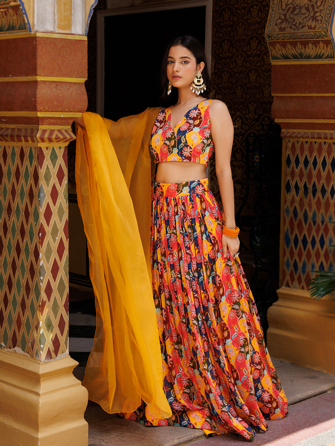 Mustard Floral Printed Chinon Lehenga - By Ragavi - qivii