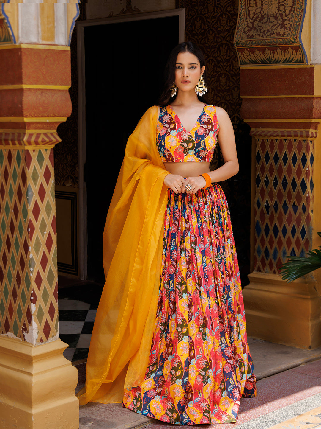 Mustard Floral Printed Chinon Lehenga - By Ragavi - qivii