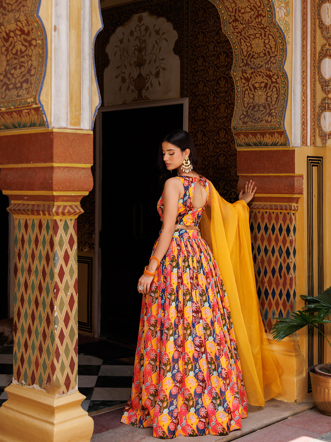 Mustard Floral Printed Chinon Lehenga - By Ragavi - qivii