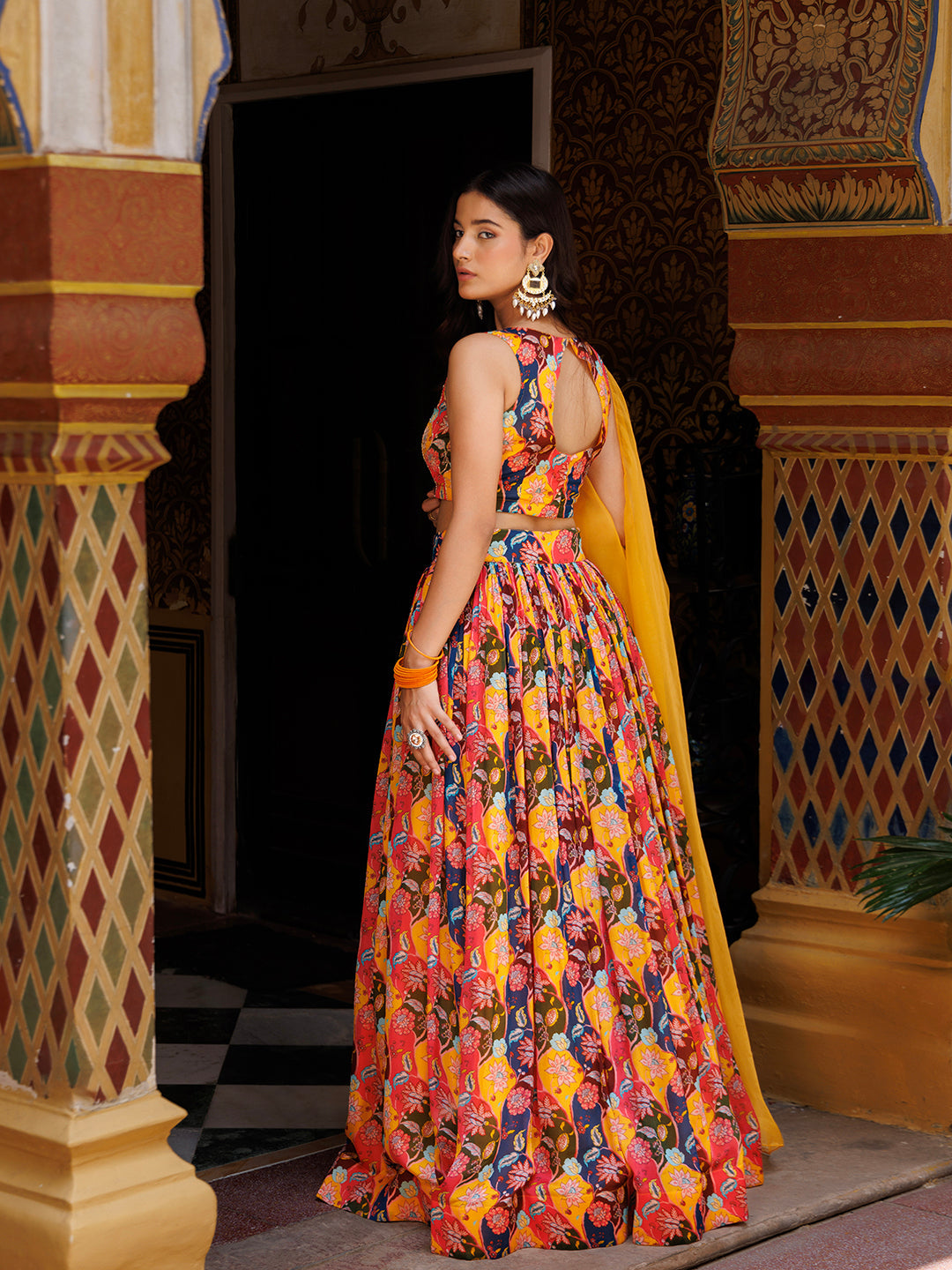 Mustard Floral Printed Chinon Lehenga - By Ragavi - qivii