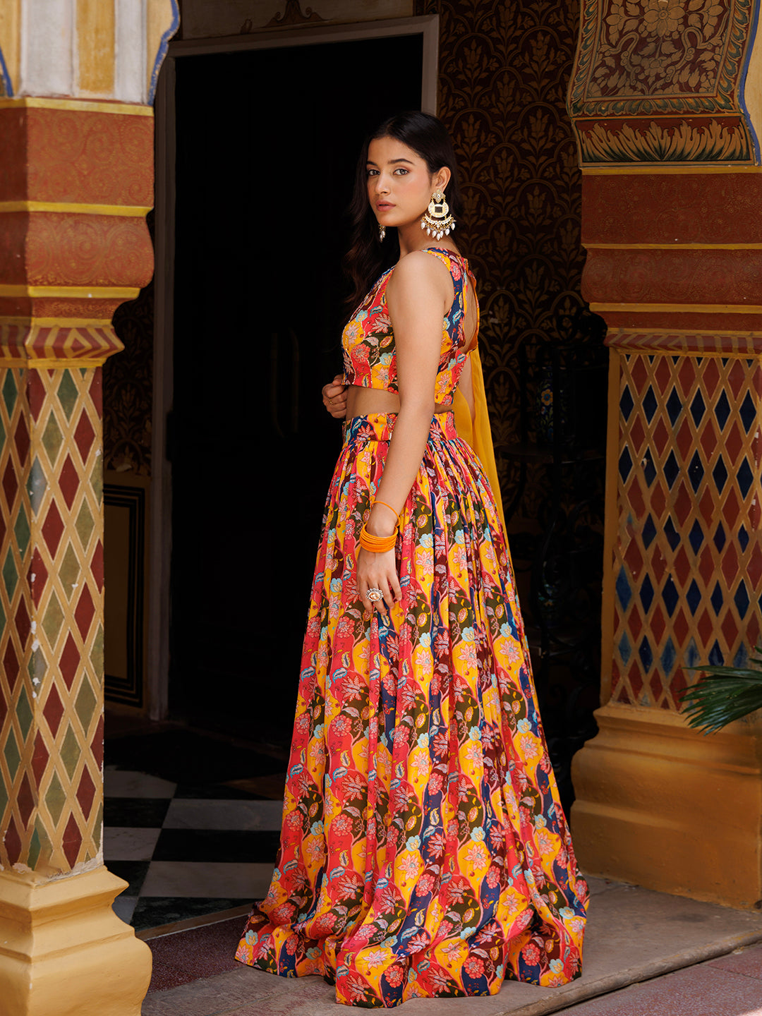 Mustard Floral Printed Chinon Lehenga - By Ragavi - qivii