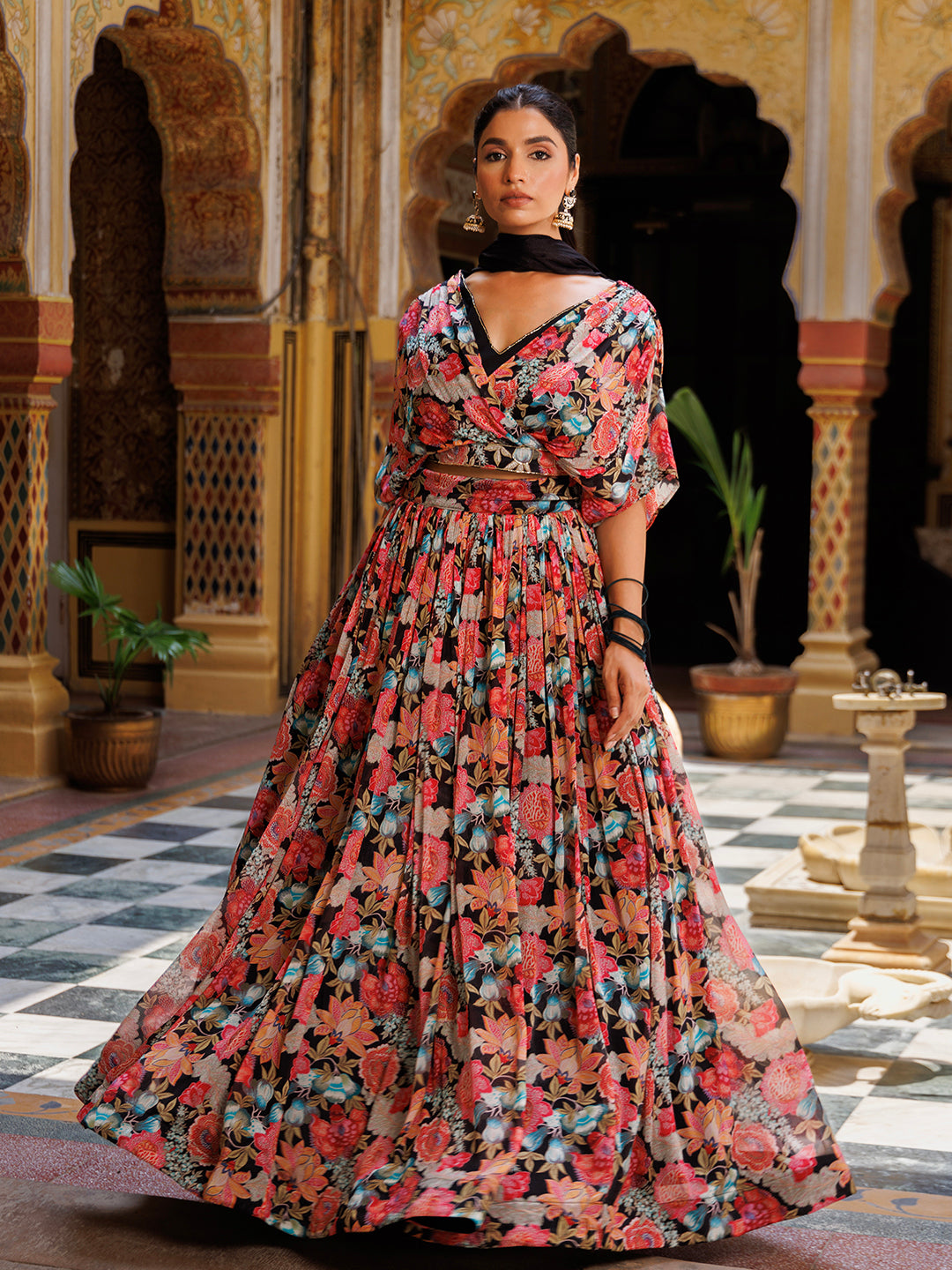 Black Floral Printed Chinon Lehenga - By Ragavi - qivii