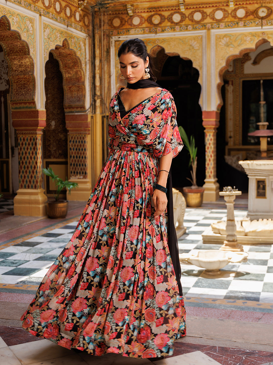 Black Floral Printed Chinon Lehenga - By Ragavi - qivii
