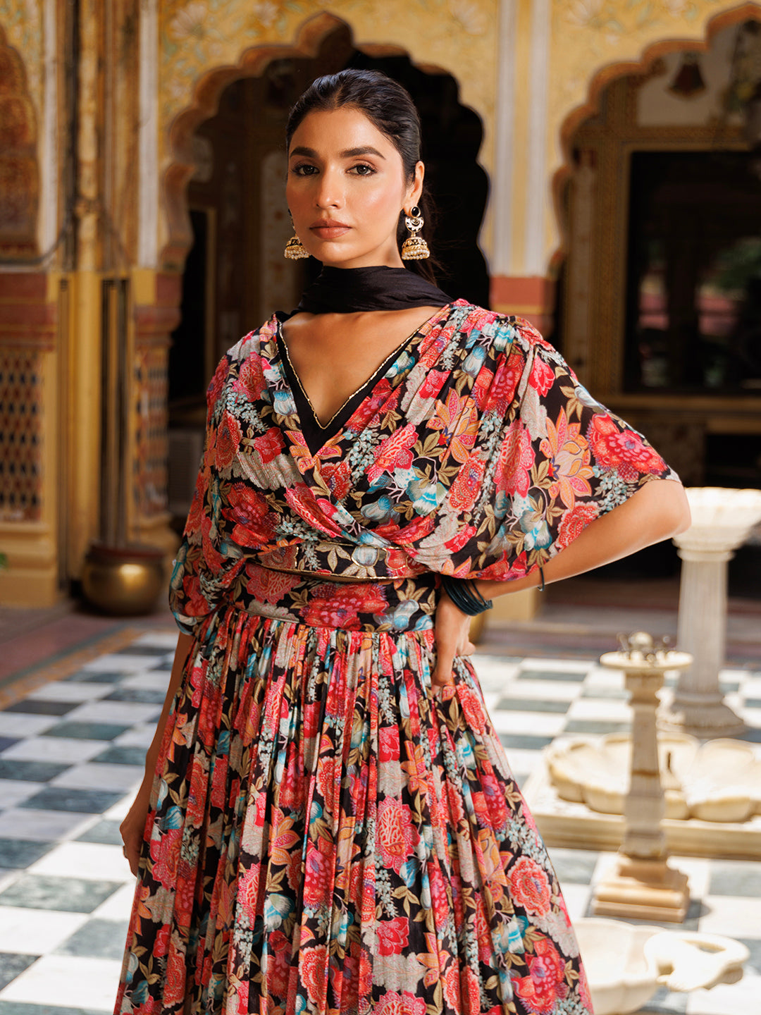 Black Floral Printed Chinon Lehenga - By Ragavi - qivii