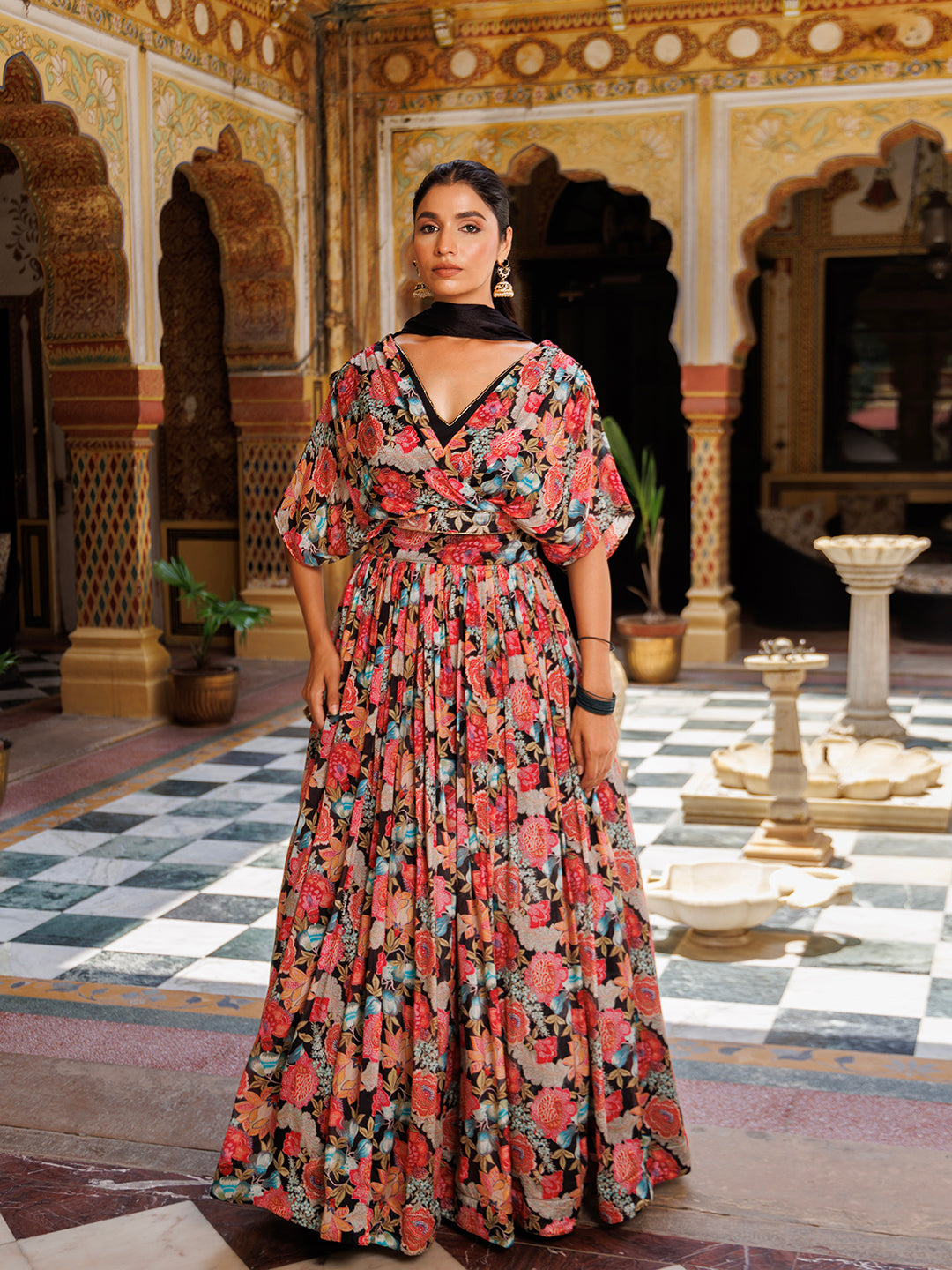 Black Floral Printed Chinon Lehenga - By Ragavi - qivii