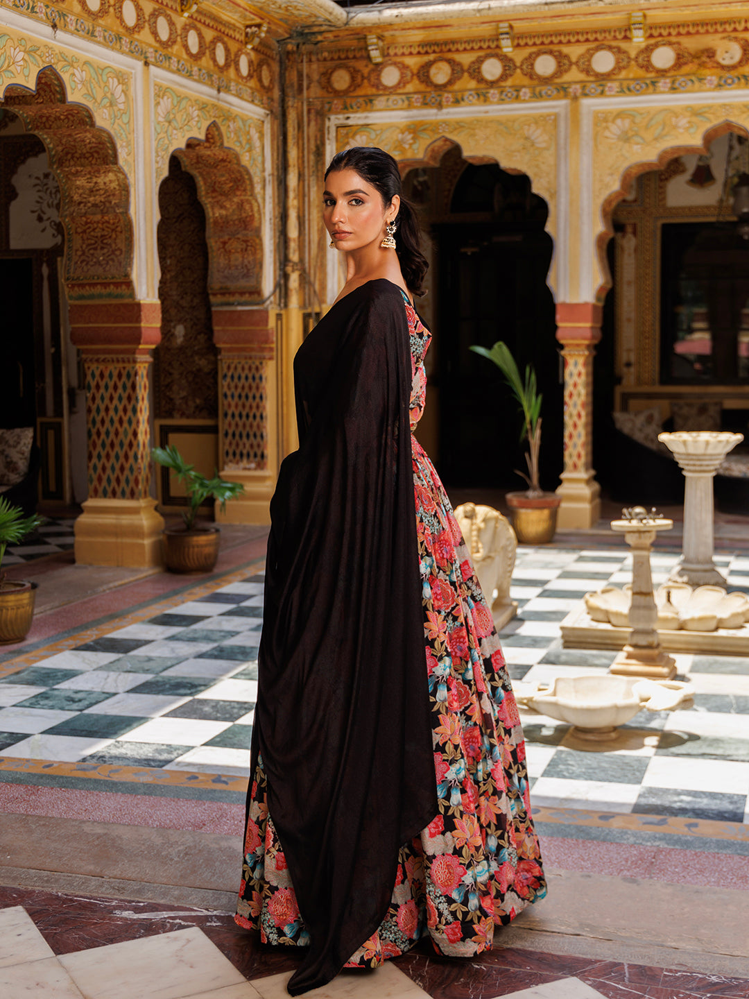 Black Floral Printed Chinon Lehenga - By Ragavi - qivii