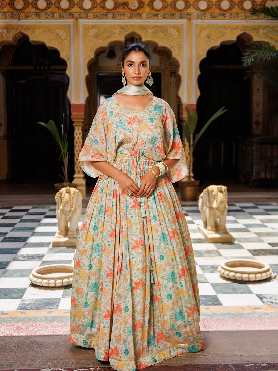 Mint Floral Printed Pure Chinon Lehenga - By Ragavi - qivii