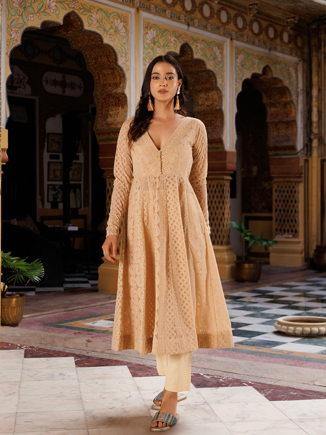Nougat Nude Chikankari Kurta - By Ragavi - qivii