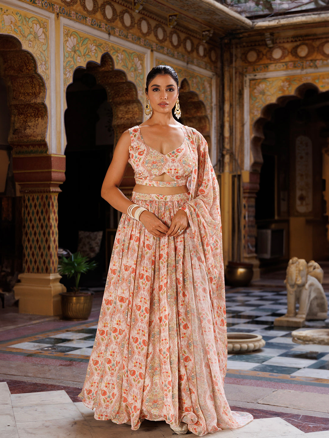 Off White Floral Printed Chinon Lehenga - By Ragavi - qivii