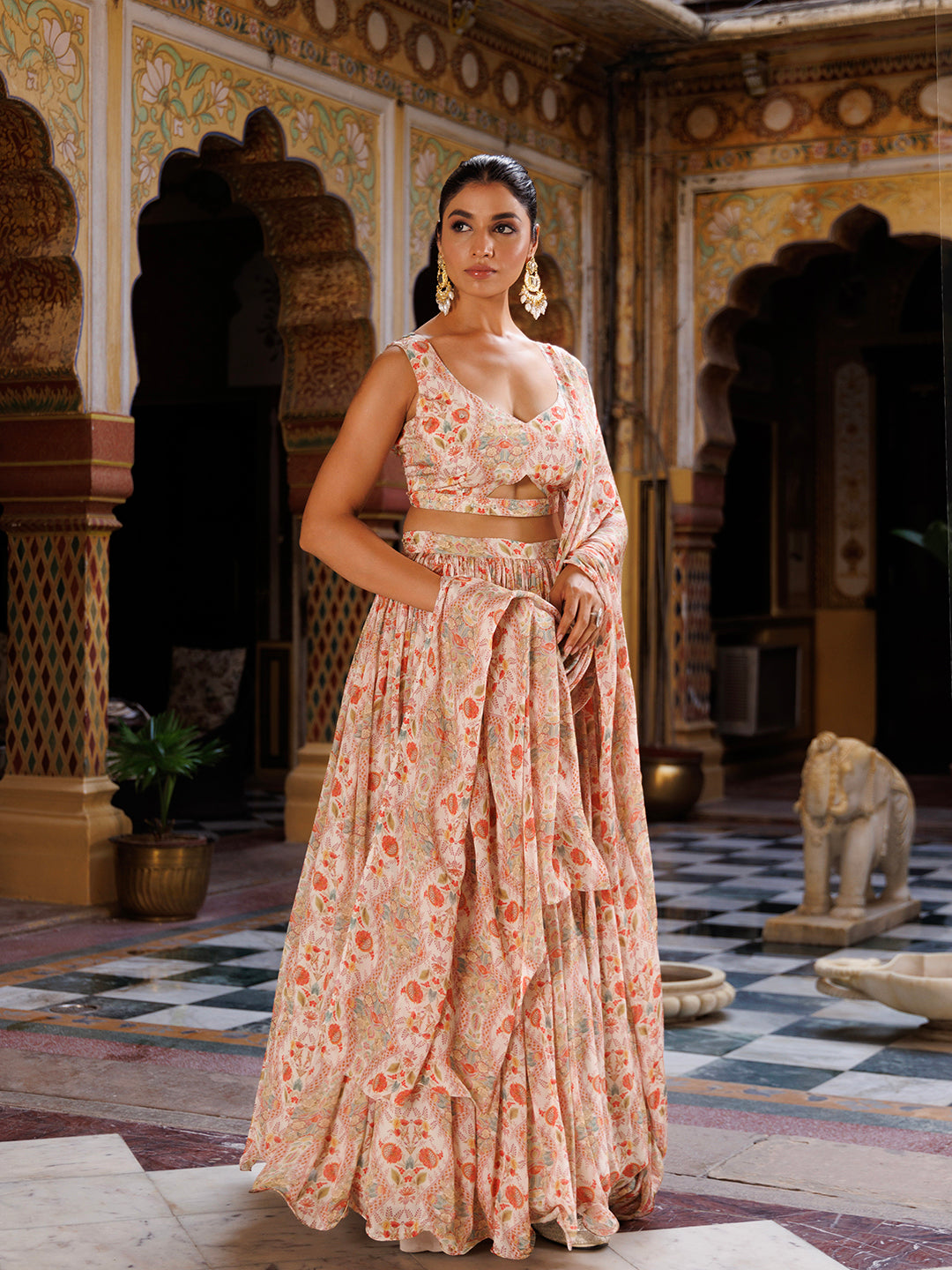 Off White Floral Printed Chinon Lehenga - By Ragavi - qivii