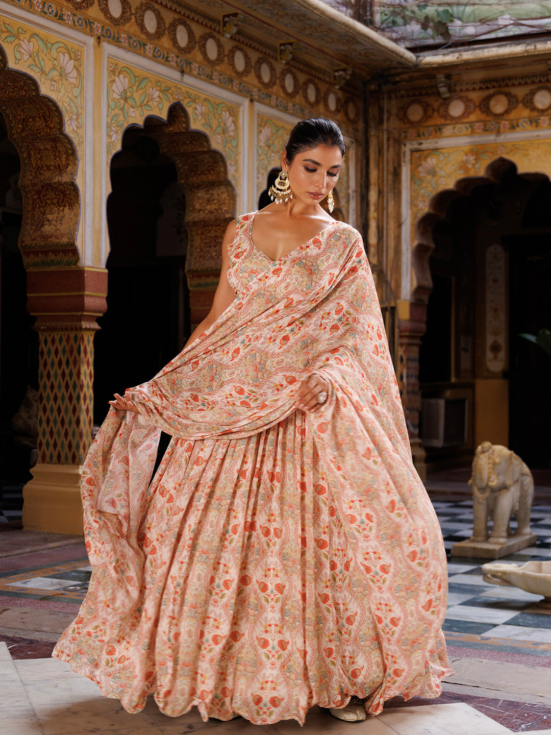 Off White Floral Printed Chinon Lehenga - By Ragavi - qivii