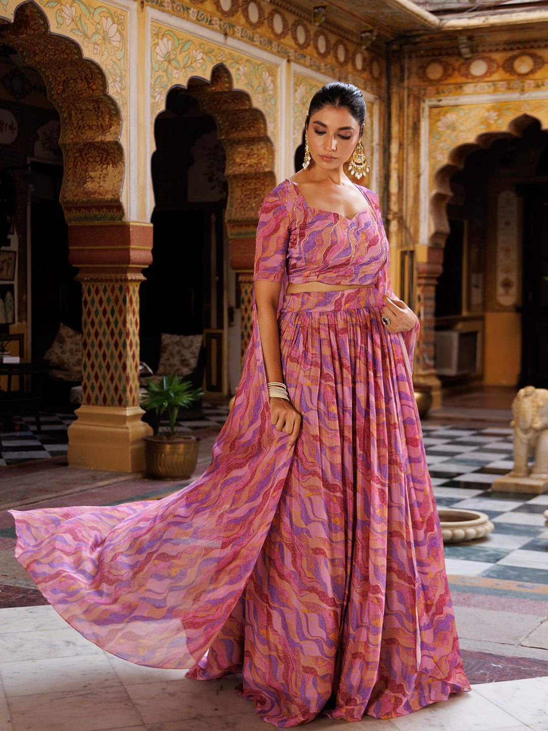 Purple Printed Chinon Lehenga - By Ragavi - qivii