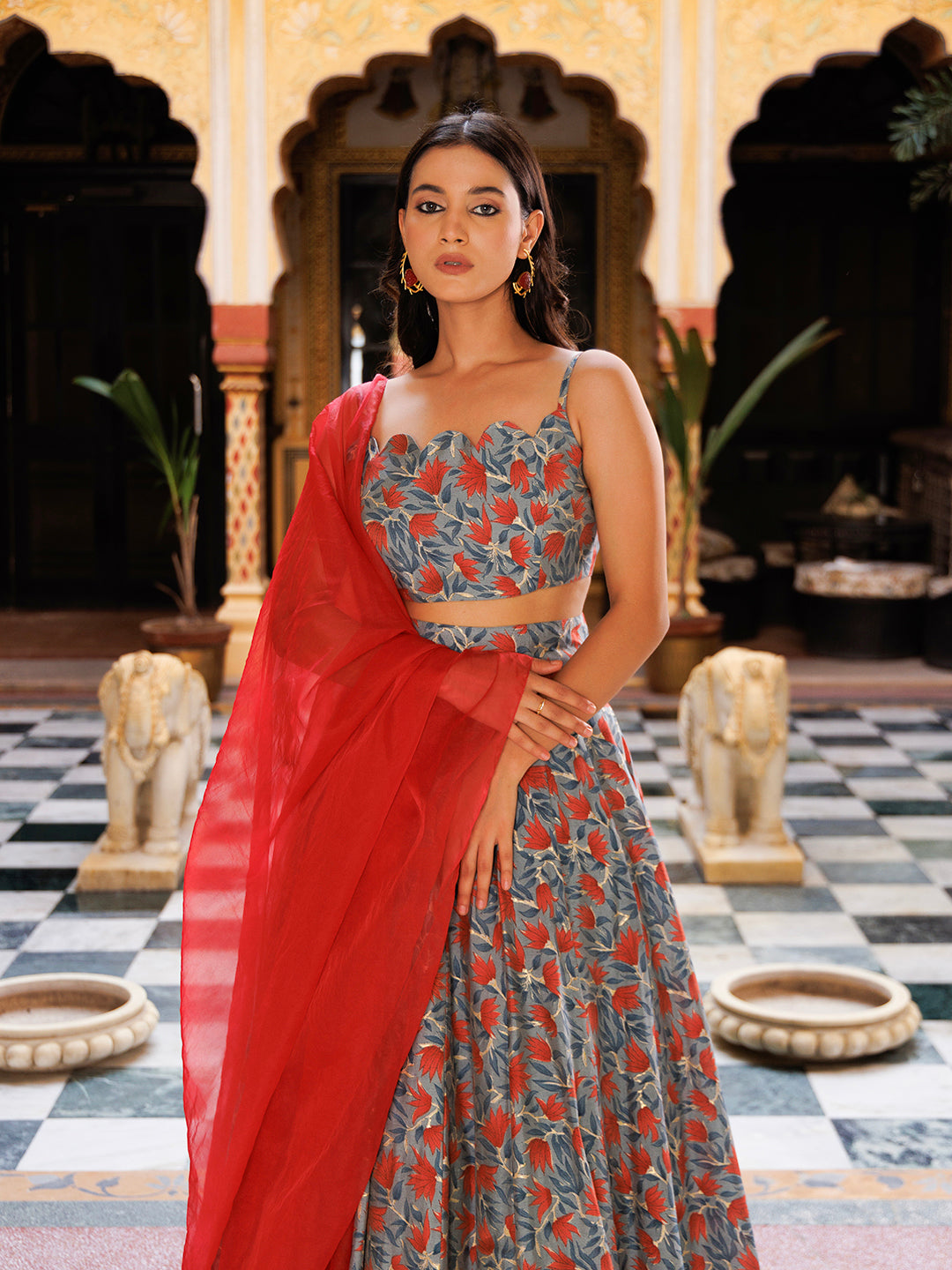 Titanium Grey Red Chanderi Lehenga Set - By Ragavi - qivii