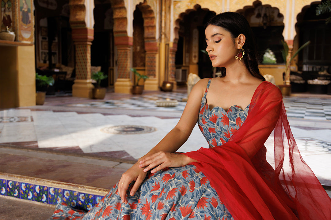 Titanium Grey Red Chanderi Lehenga Set - By Ragavi - qivii