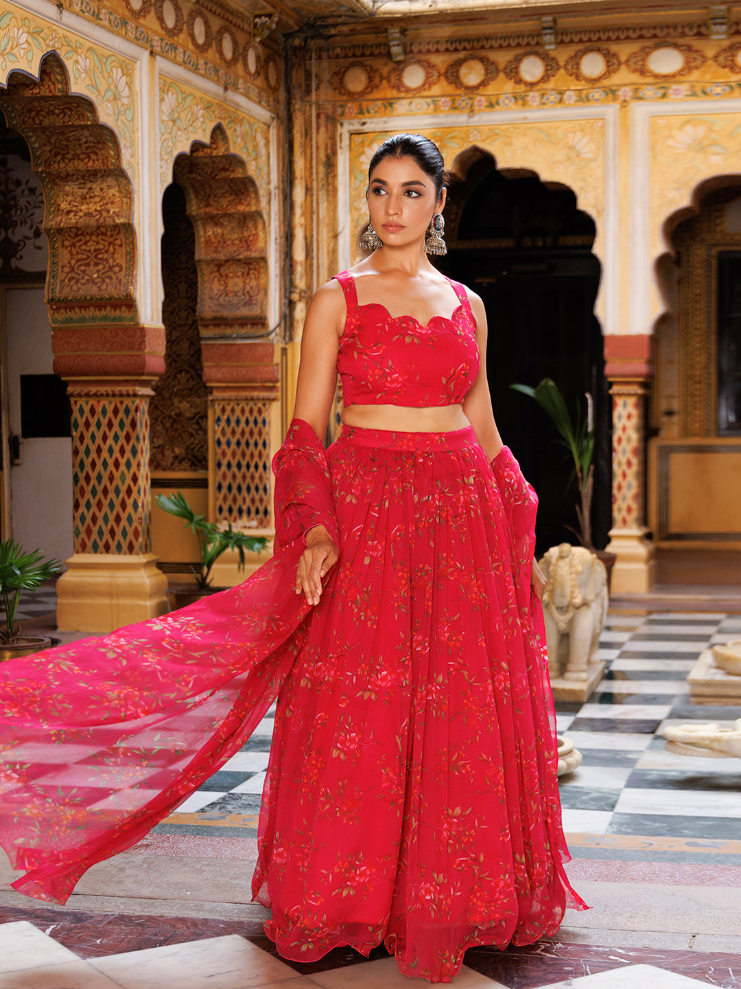 Barbados Cherry Pink Floral Printed Chiffon Lehenga Set - By Ragavi - qivii