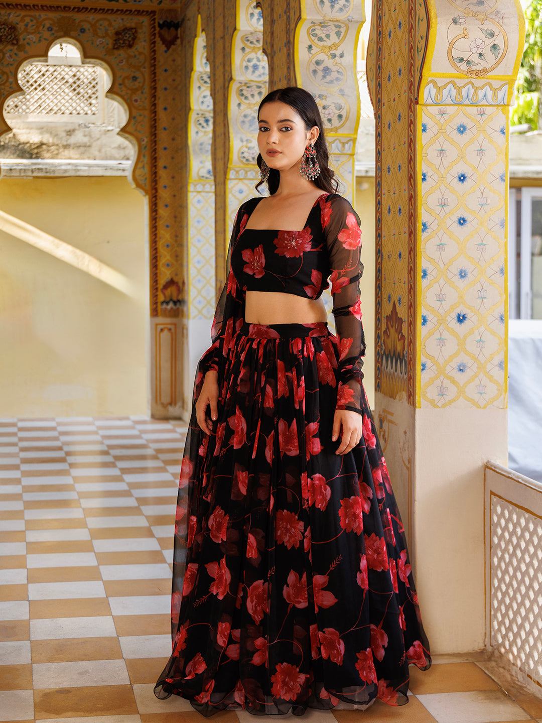 Scarlett Rose Black And Red Floral Printed Chiffon Lehenga Set - By Ragavi - qivii