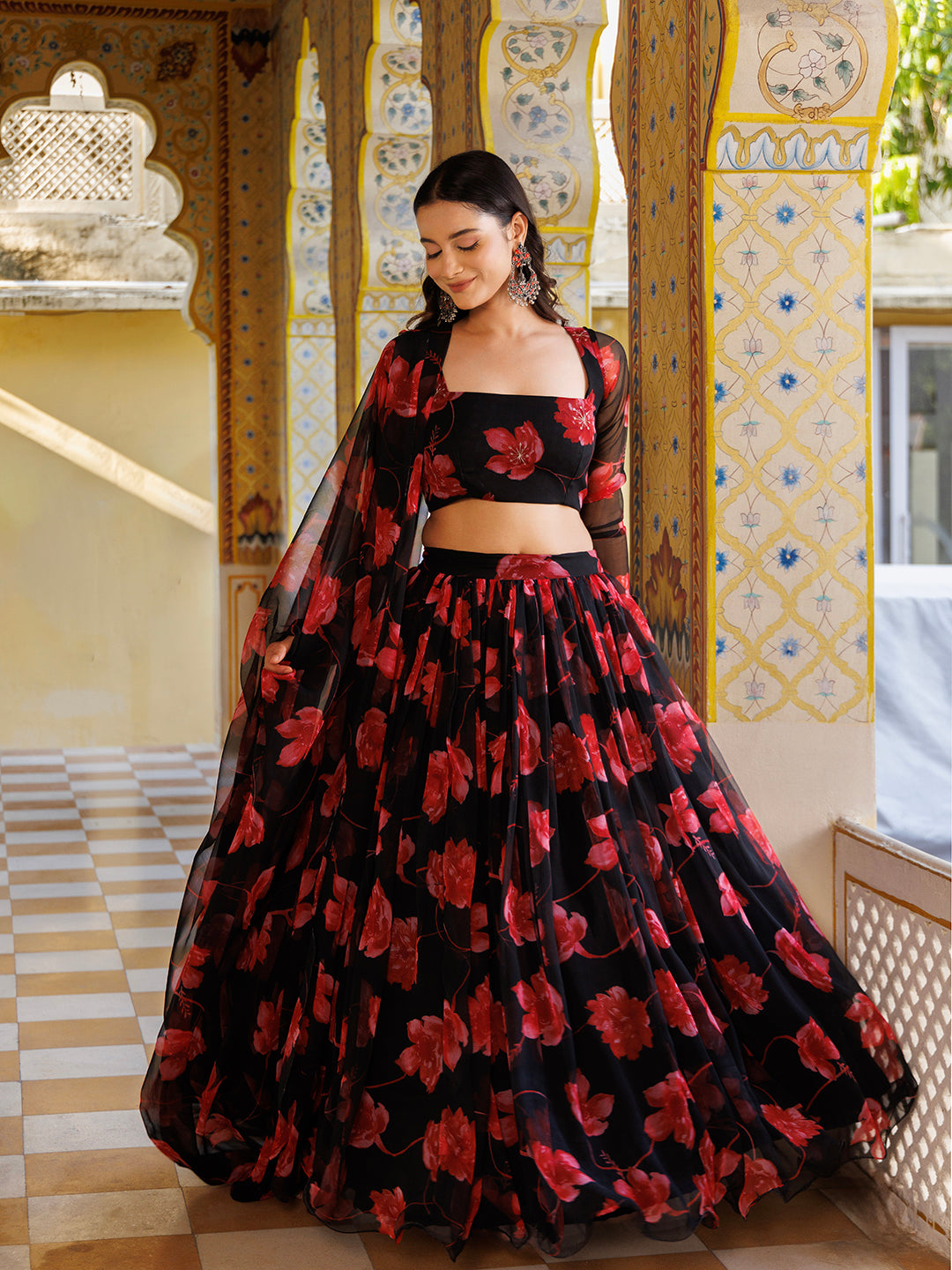 Scarlett Rose Black And Red Floral Printed Chiffon Lehenga Set - By Ragavi - qivii