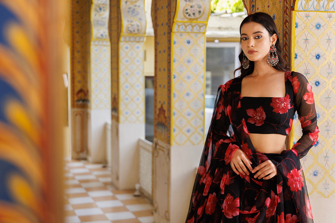 Scarlett Rose Black And Red Floral Printed Chiffon Lehenga Set - By Ragavi - qivii