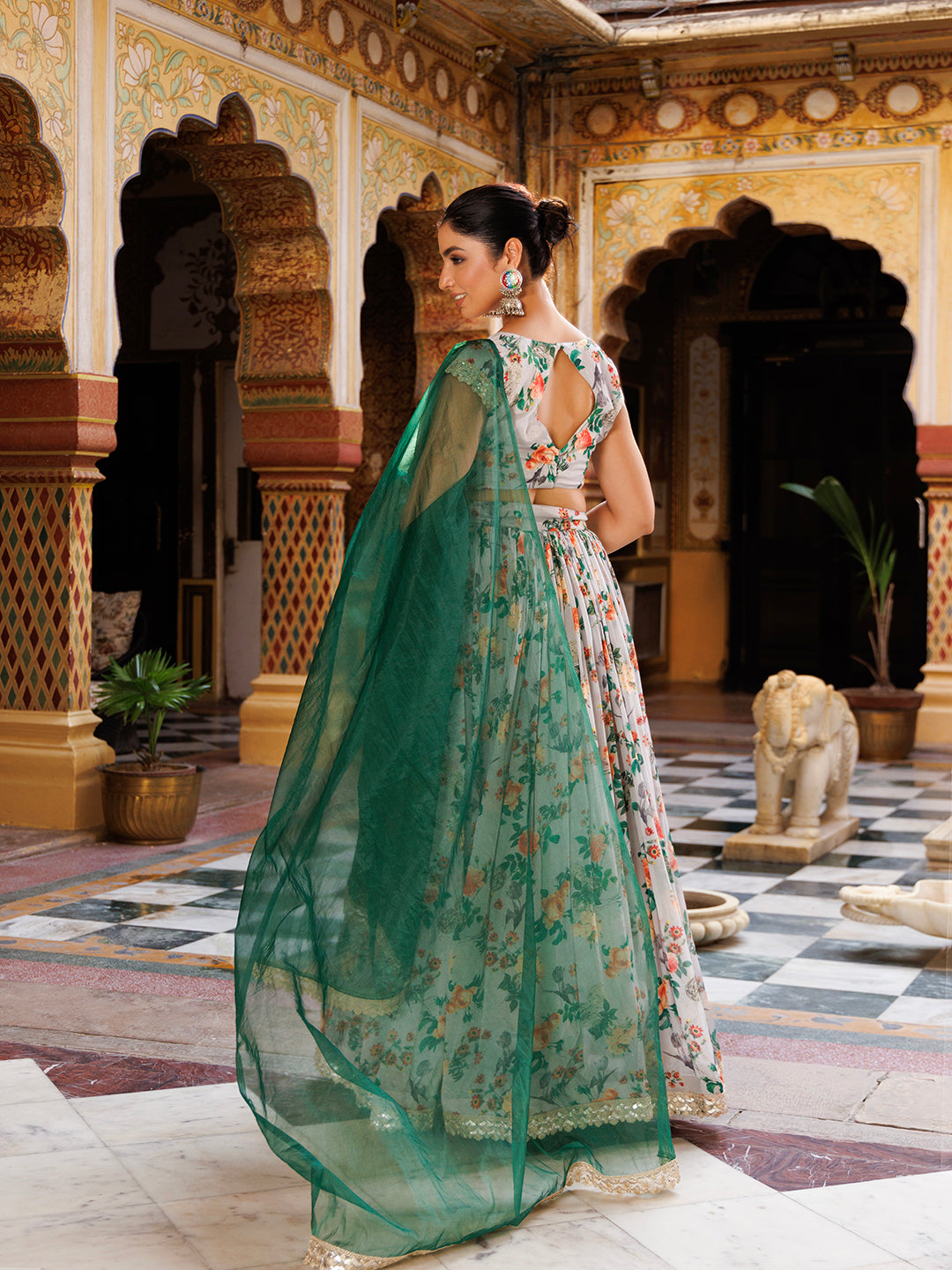 Grey and Green Printed Chinon Lehenga