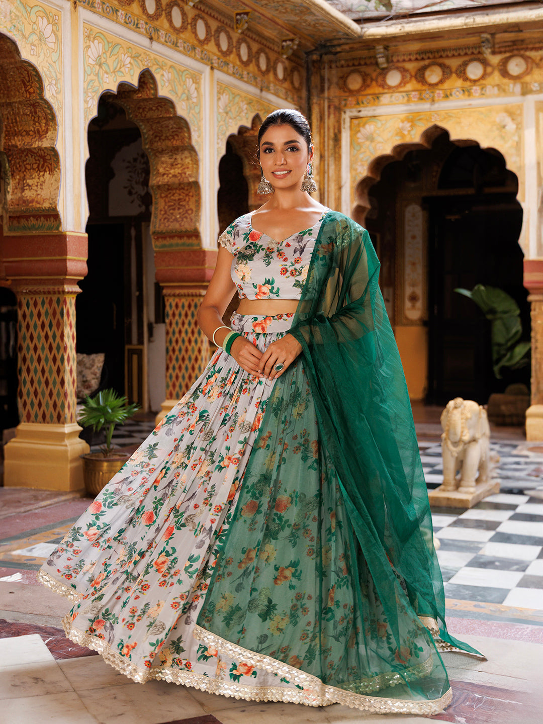 Grey and Green Printed Chinon Lehenga