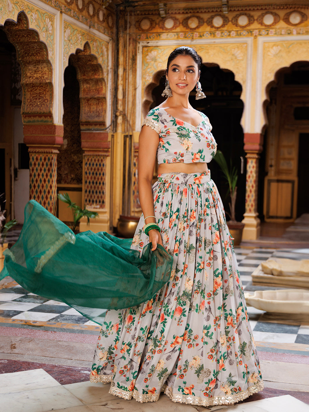 Grey and Green Printed Chinon Lehenga - By Ragavi - qivii