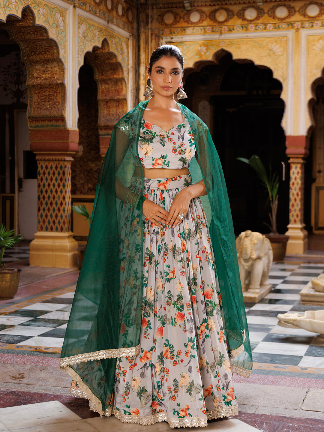 Grey and Green Printed Chinon Lehenga