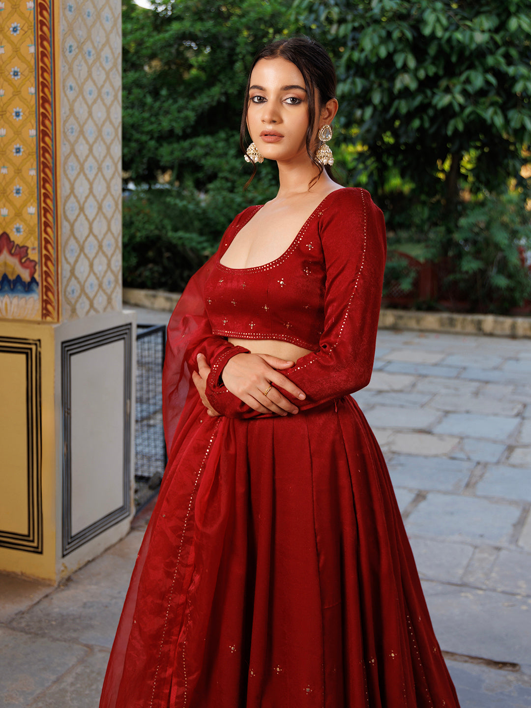 True Red Velvet Mukaish work Lehenga Set