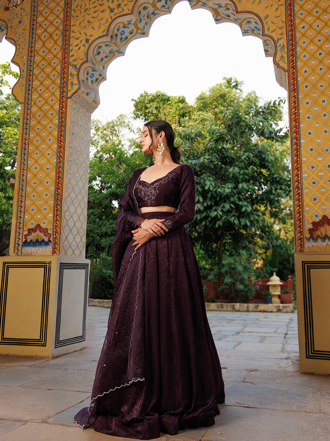 Mauve Wine Embroidered Velvet Lehenga Set - By Ragavi - qivii