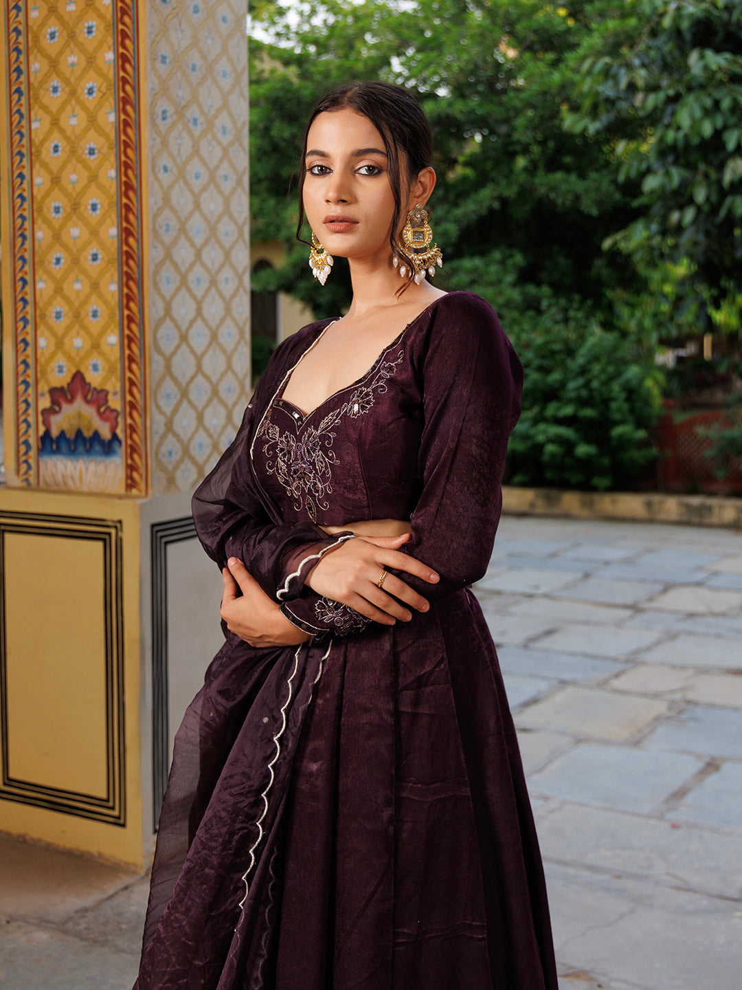 Mauve Wine Embroidered Velvet Lehenga Set - By Ragavi - qivii