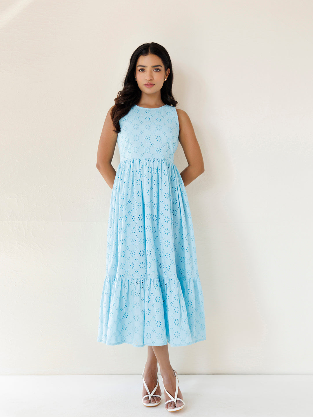 Felicia Blue Daisy Cotton Schiffli Dress