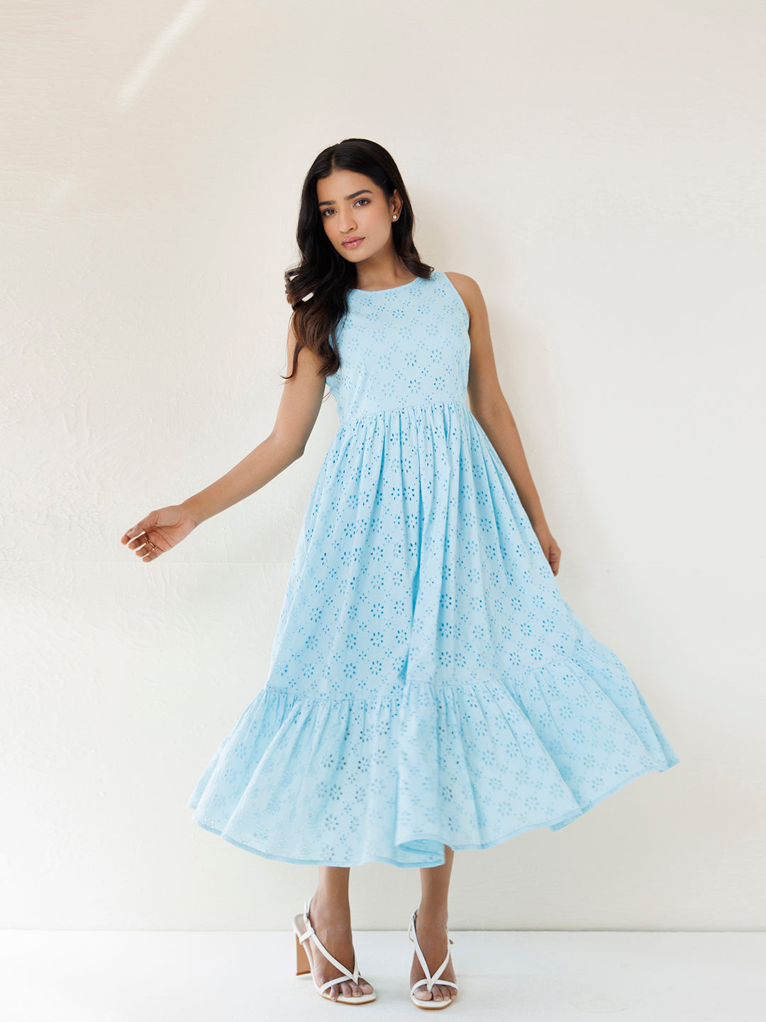Felicia Blue Daisy Cotton Schiffli Dress