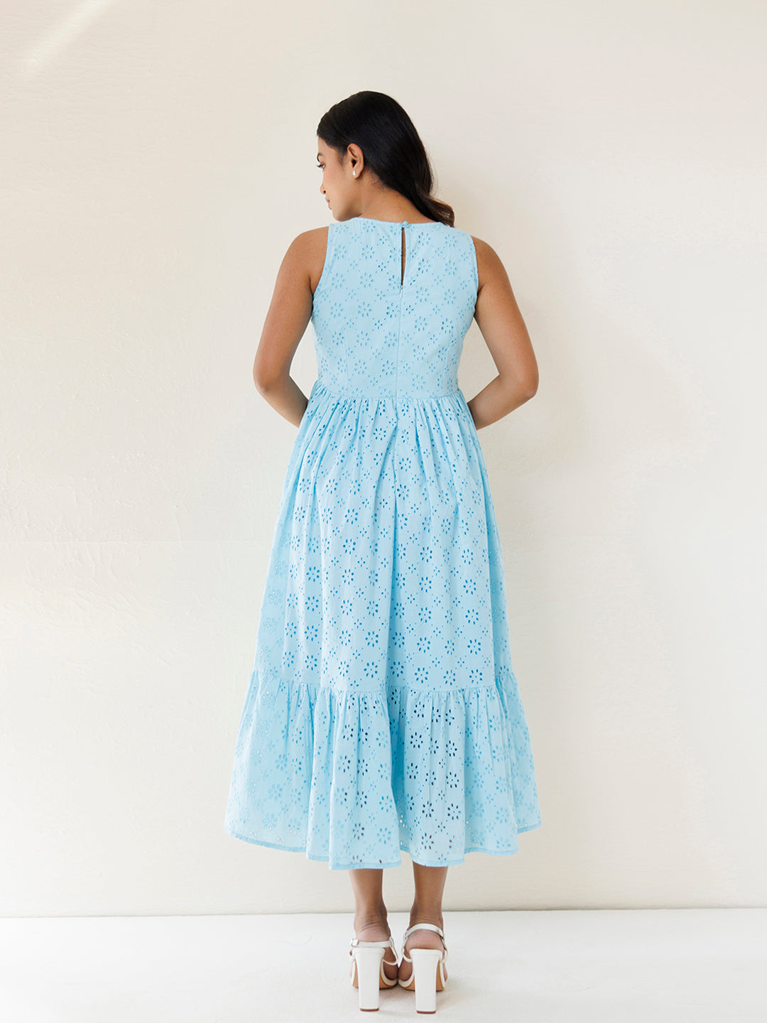 Felicia Blue Daisy Cotton Schiffli Dress
