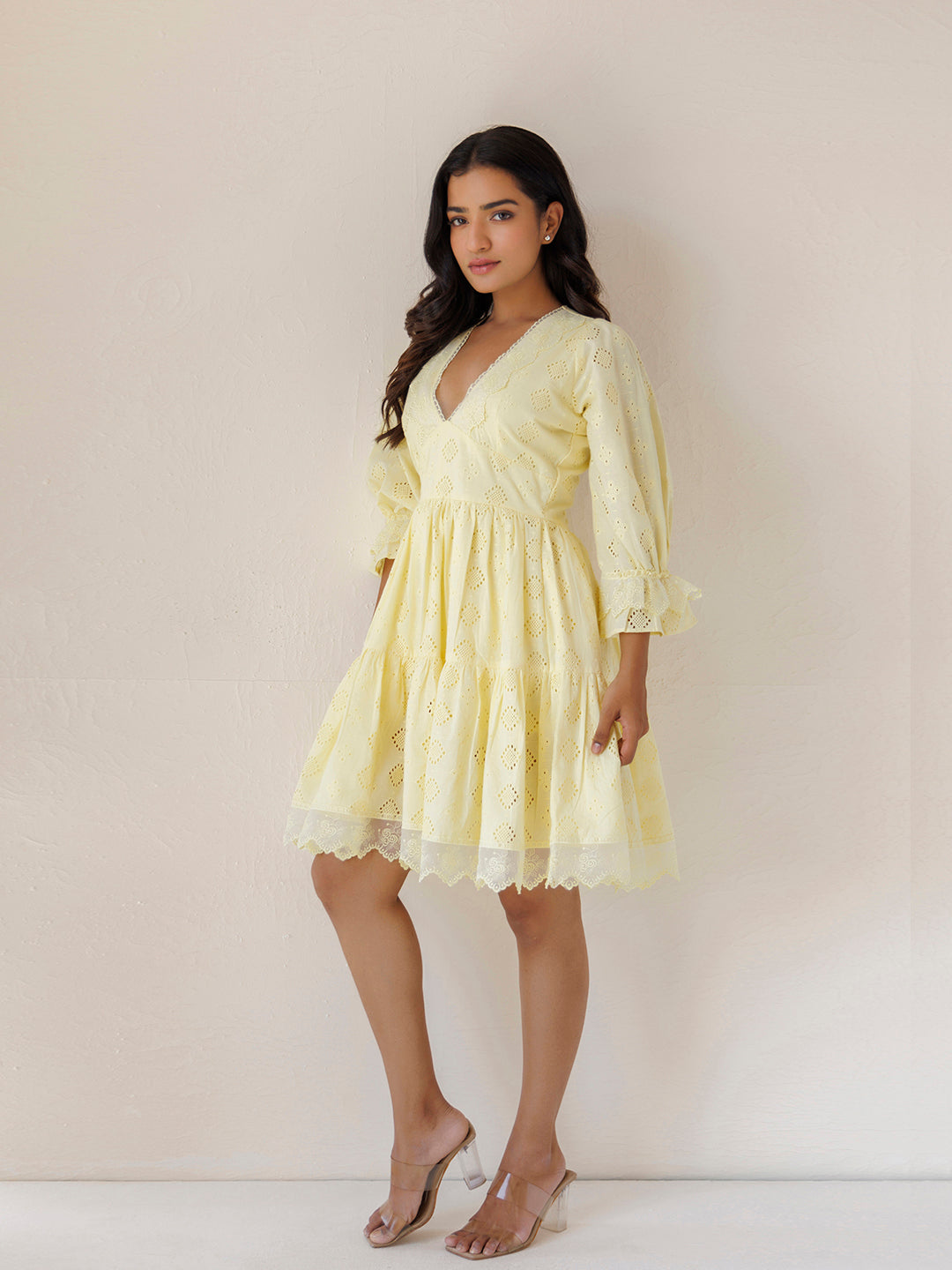 Yellow Iris Cotton Schiffli Dress