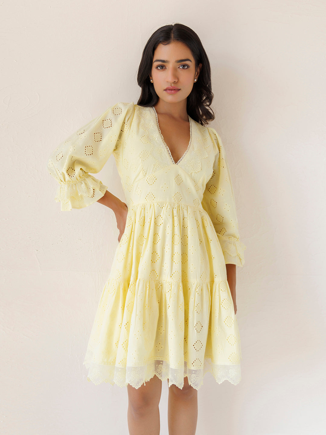 Yellow Iris Cotton Schiffli Dress by ragavi