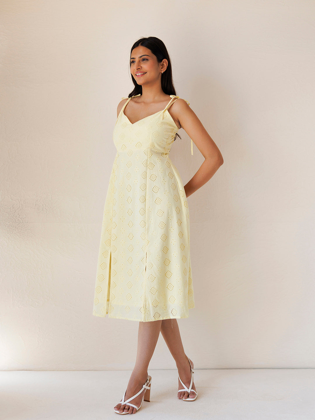 Forsythia Yellow Cotton Schiffli Dress - By Ragavi - qivii
