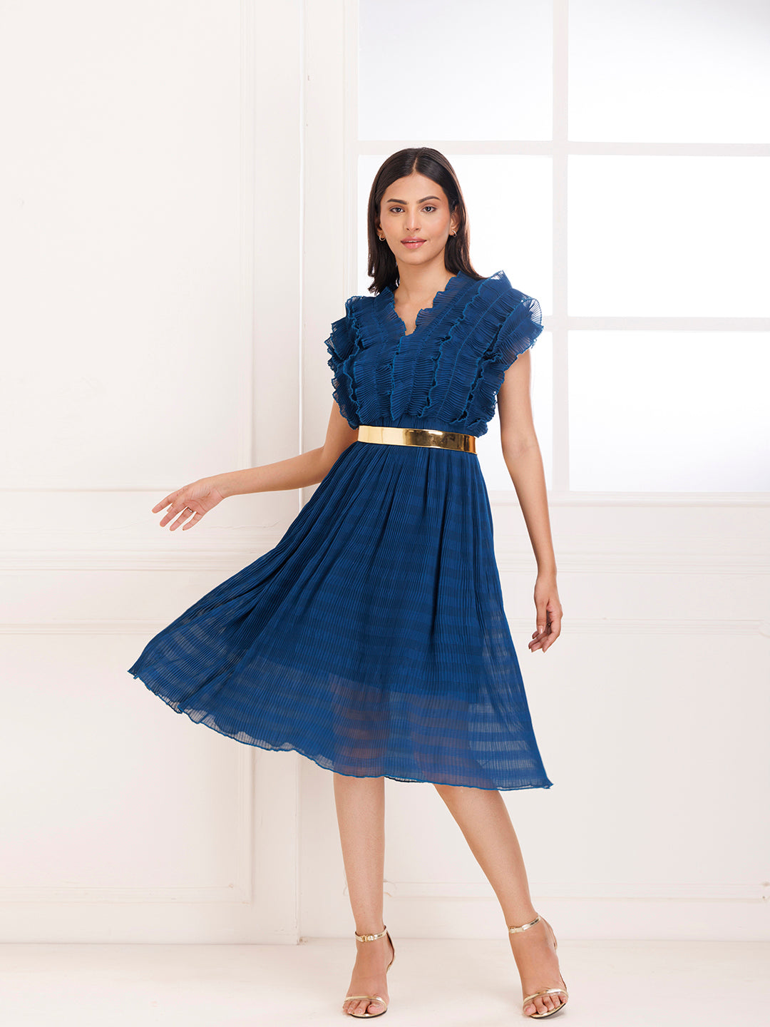 Petunia Blue Ruffle Pleated Dress - By Ragavi - qivii