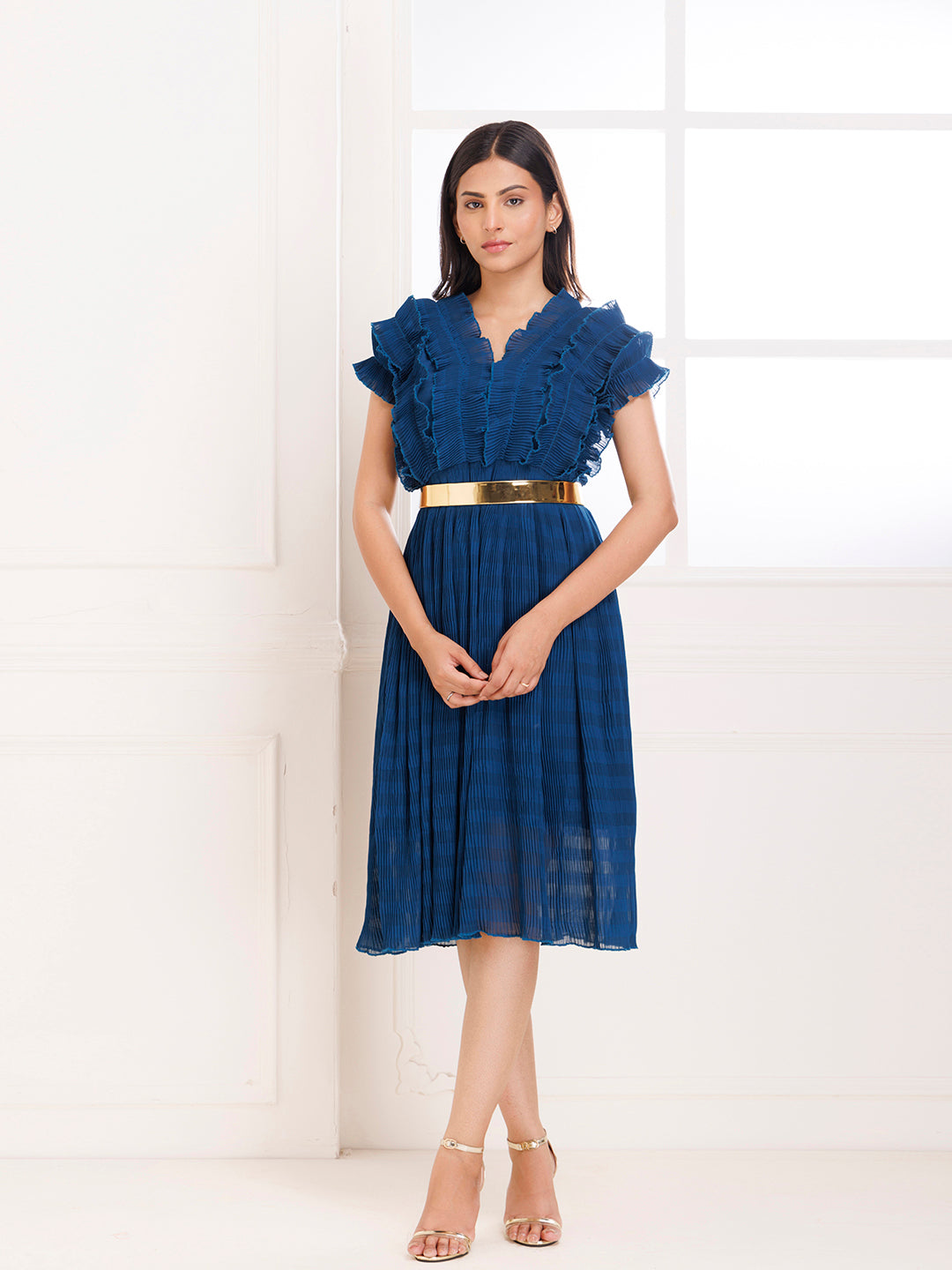 Petunia Blue Ruffle Pleated Dress - By Ragavi - qivii