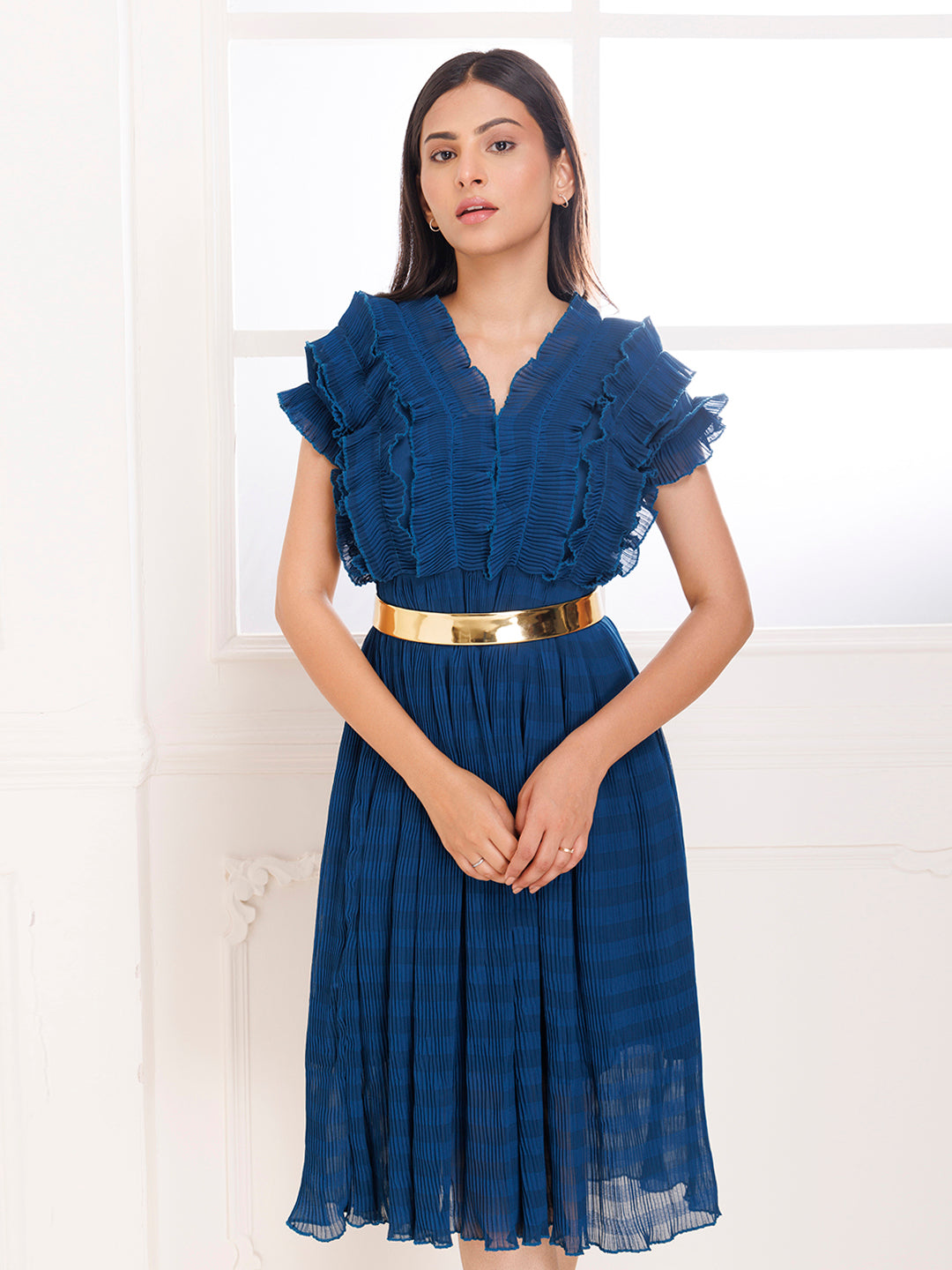 Petunia Blue Ruffle Pleated Dress - By Ragavi - qivii