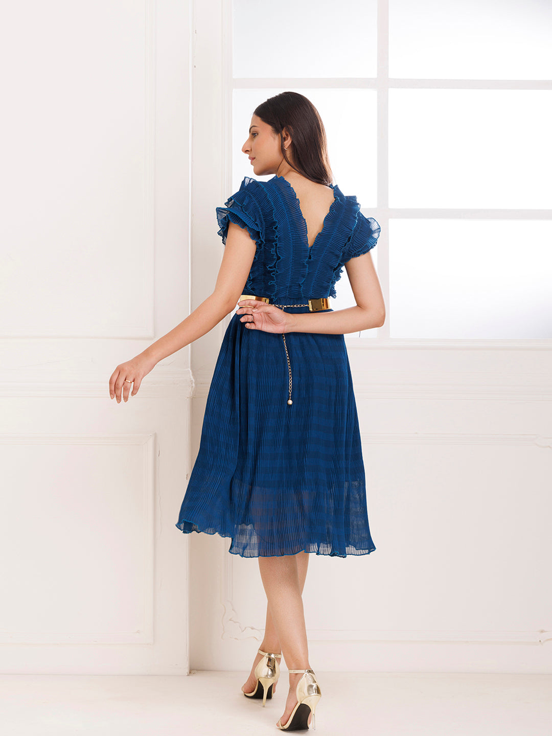 Petunia Blue Ruffle Pleated Dress - By Ragavi - qivii