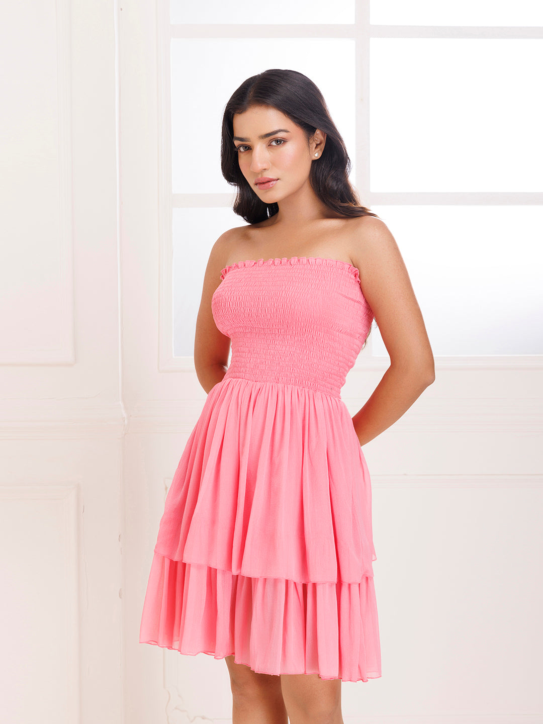 Gloriosa Lily Pink Smocked Chiffon Dress - By Ragavi - qivii