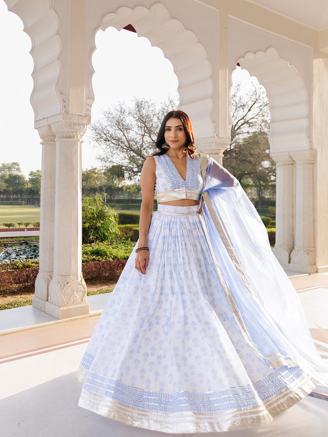 Angel Falls Blue and White Handblock Printed Lehenga Set - By Ragavi - qivii