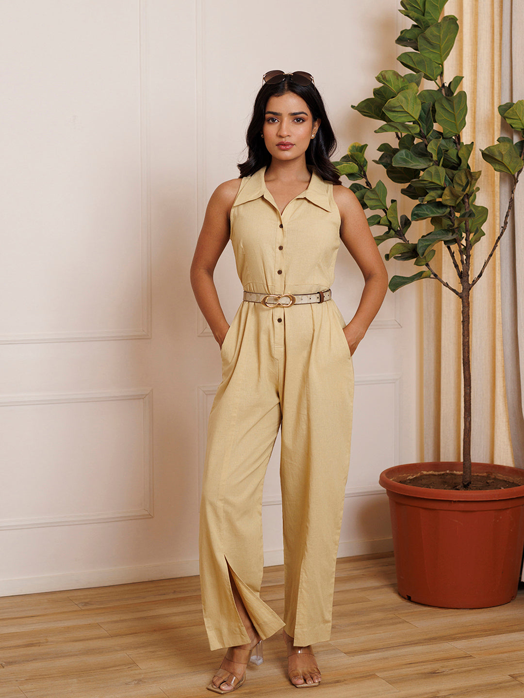 Kermil Beige Linen Jumpsuit - By Ragavi - qivii